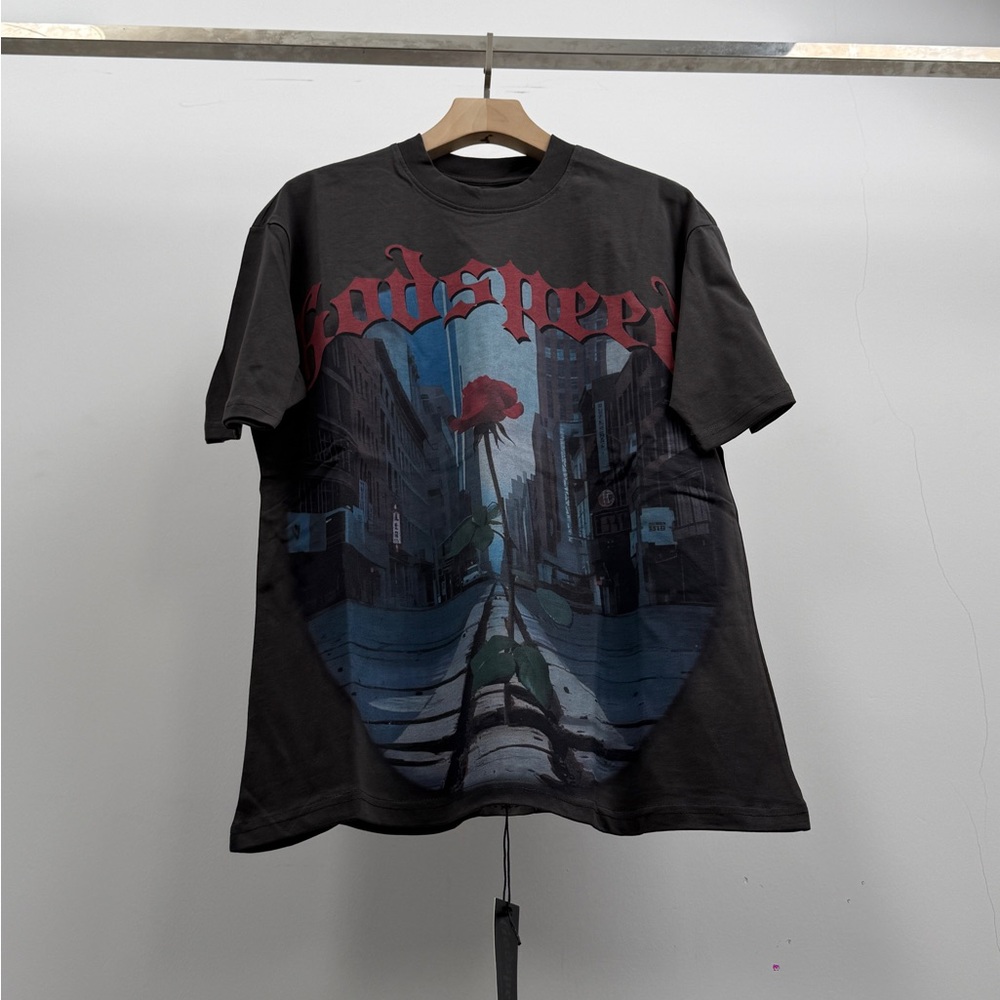 Chrome Hearts Black Tee with Red Rose and Blue City Graphic